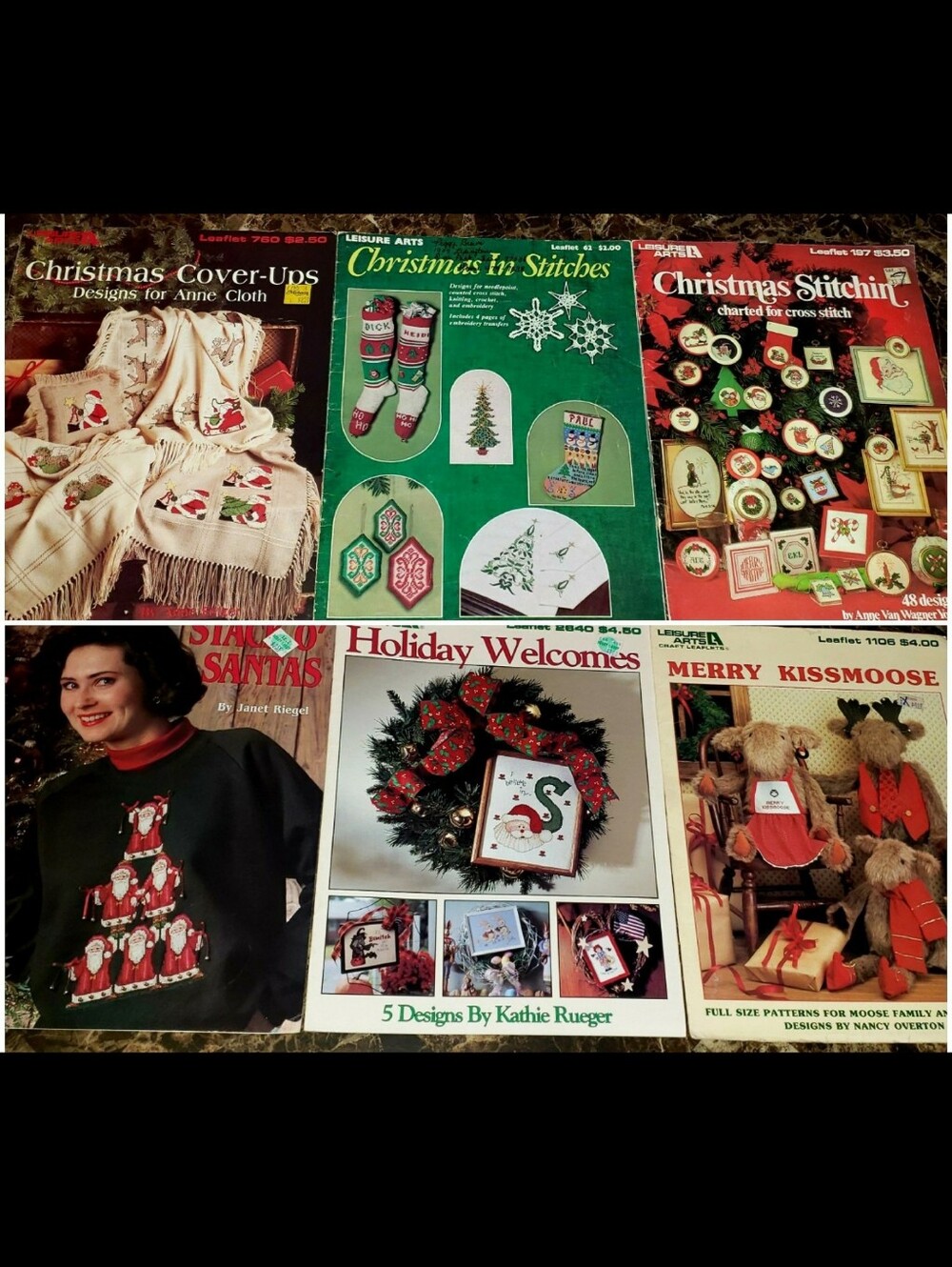 Six (6) Vintage Leisure Arts Christmas Cross-Stitch Leaflets Lot